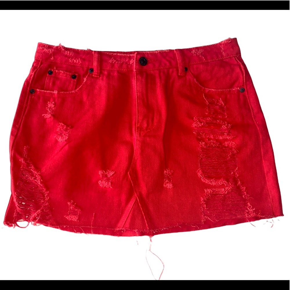 🆕Fashion Nova Caffeine - Distressed scarlet red denim mini skirt